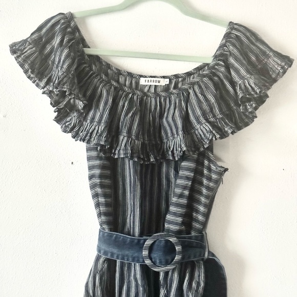 Farrow Striped Chambray belted asymmetrical off the shoulder ruffle dress - Picture 3 of 12
